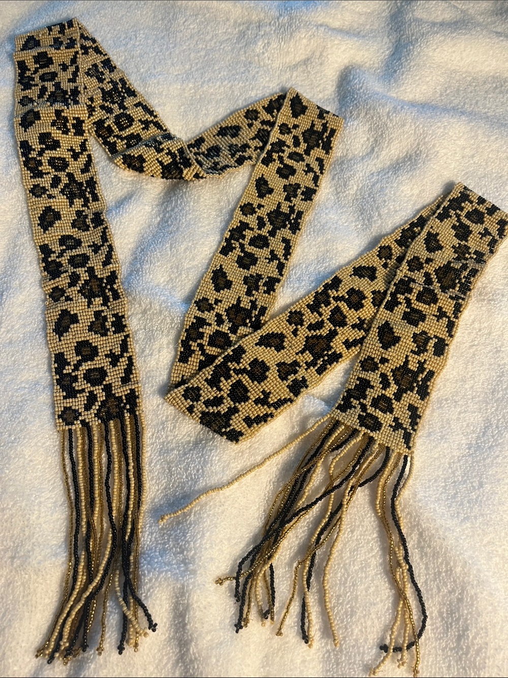 Beaded Leopard Print Fringe Sash- Black & Gold